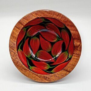 Hand-Painted Red Green Brown Wood 6-Inch Bowl